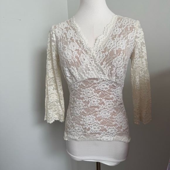 Vintage White Lace Mesh Top – Y2K Coquette Fairycore Romantic Blouse S - Picture 2 of 6